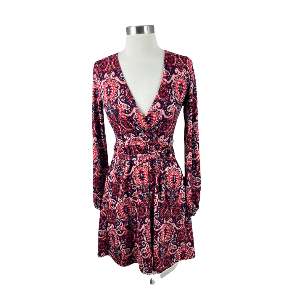 Amthropologie Maeve XS Purple Pink Gold Paisley Knit Belted Faux Wrap Dress